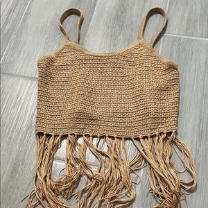 Fringed Tan Knit Crop Top